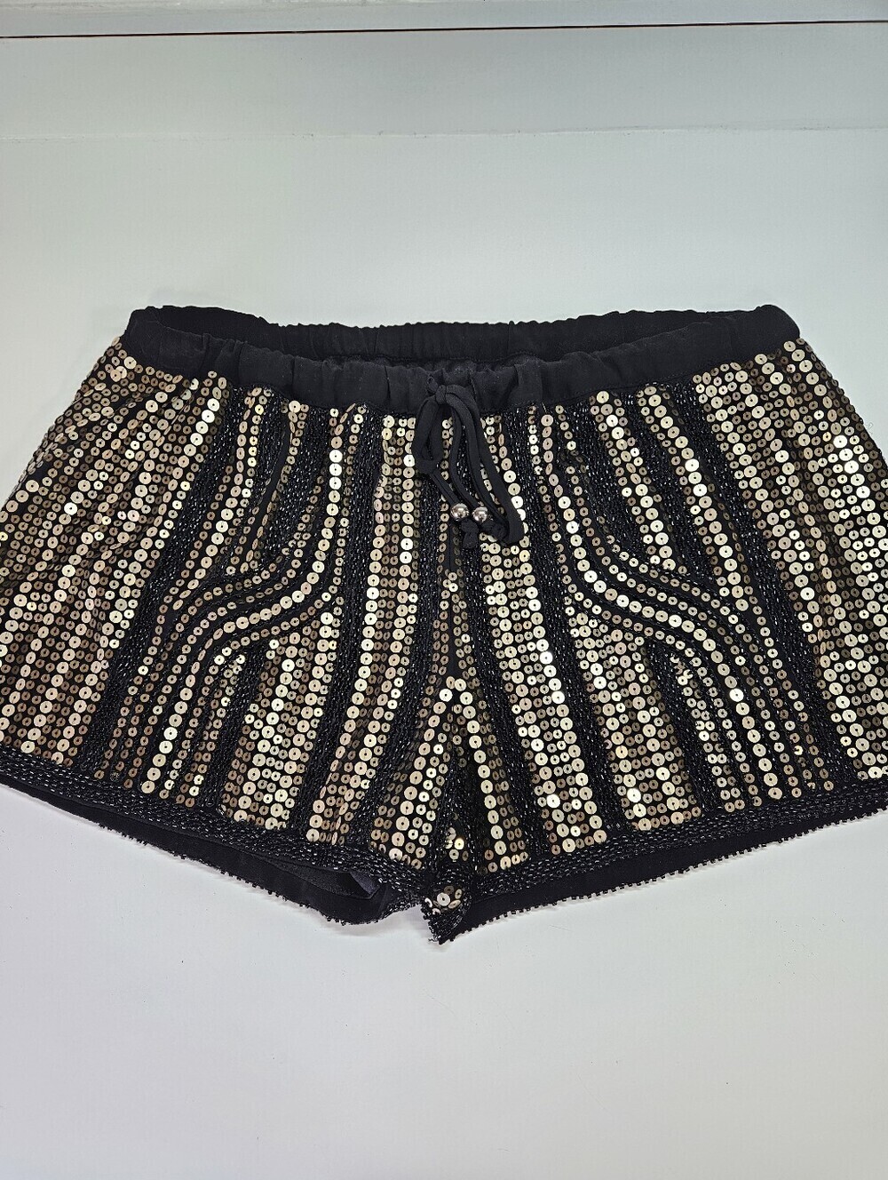 English Rose Black and Gold Fully Sequin & Beaded Elastic Waist Shorts Large